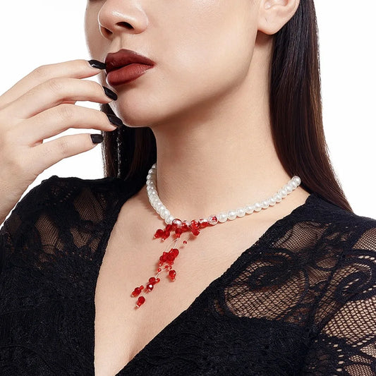 Halloween Gothic Imitation Pearl Blood Drop Necklace