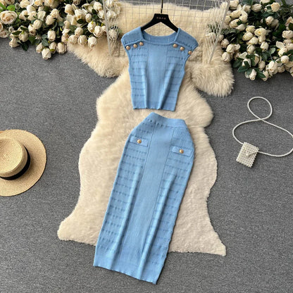 Knitted 2 Pcs. Buttons Crop Top Tanks + Slit Midi Skirt Set