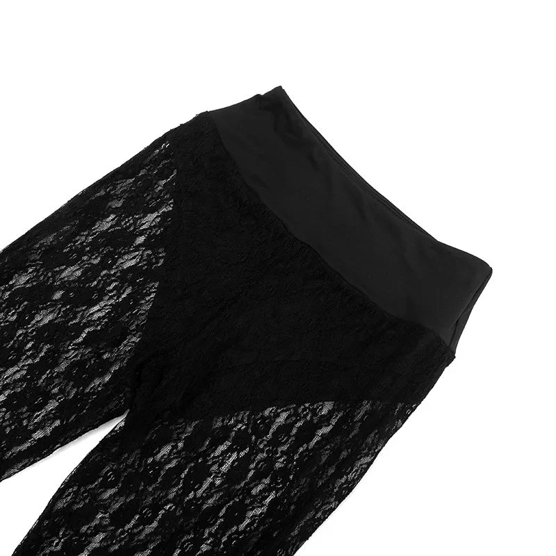 Joskaa Women's Jacquard  Lace Leggings Patchwork Sexy See Through High Waist Pencil Pants Female Bottoms Midnight Party Clubwear