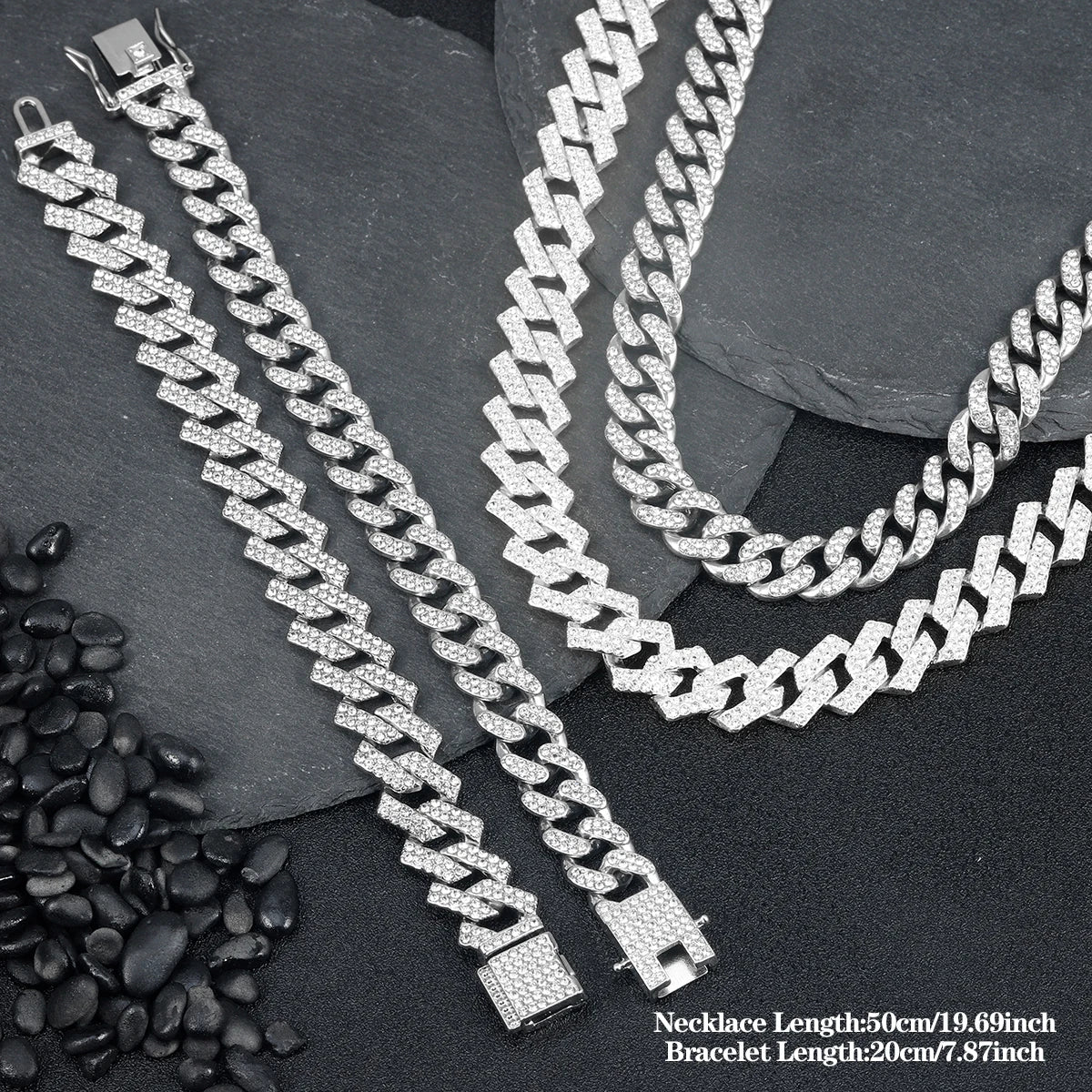 Punk Cuban Chain Stylish Sliver Cuban Chain+Bracelet 2-in-1 Set Personality Trend Street Style Jewelry Gift