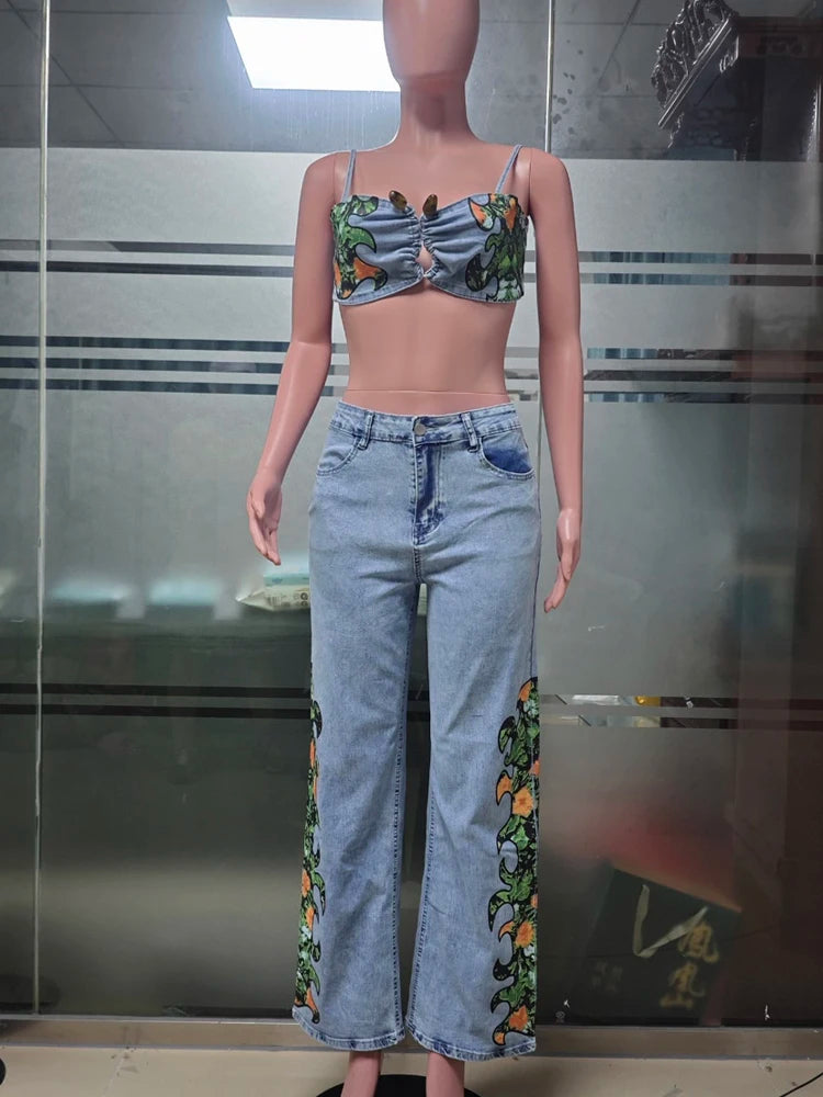 Denim Floral Printed Crop Top + Wide Leg Jeans Pant Sets