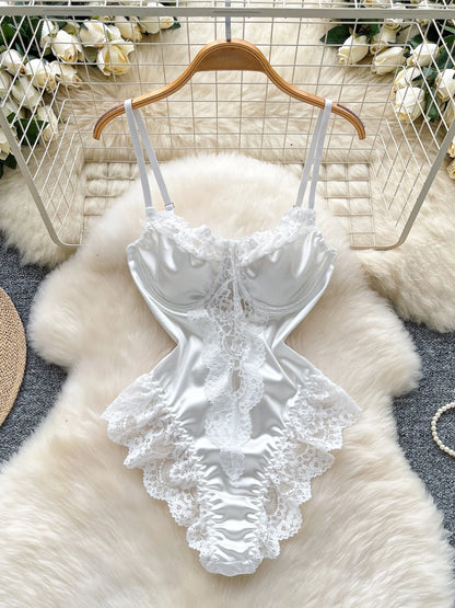 Satin Comfortable Strap Lace Spliced Sheer Lingerie