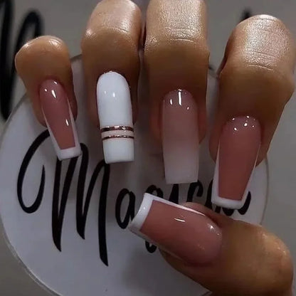 24Pcs Simple White French Press on Nails with Glue Long Ballet False Nails Wearable Coffin Fake Nails Full Cover Nail Tips