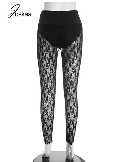 Joskaa Women's Jacquard  Lace Leggings Patchwork Sexy See Through High Waist Pencil Pants Female Bottoms Midnight Party Clubwear