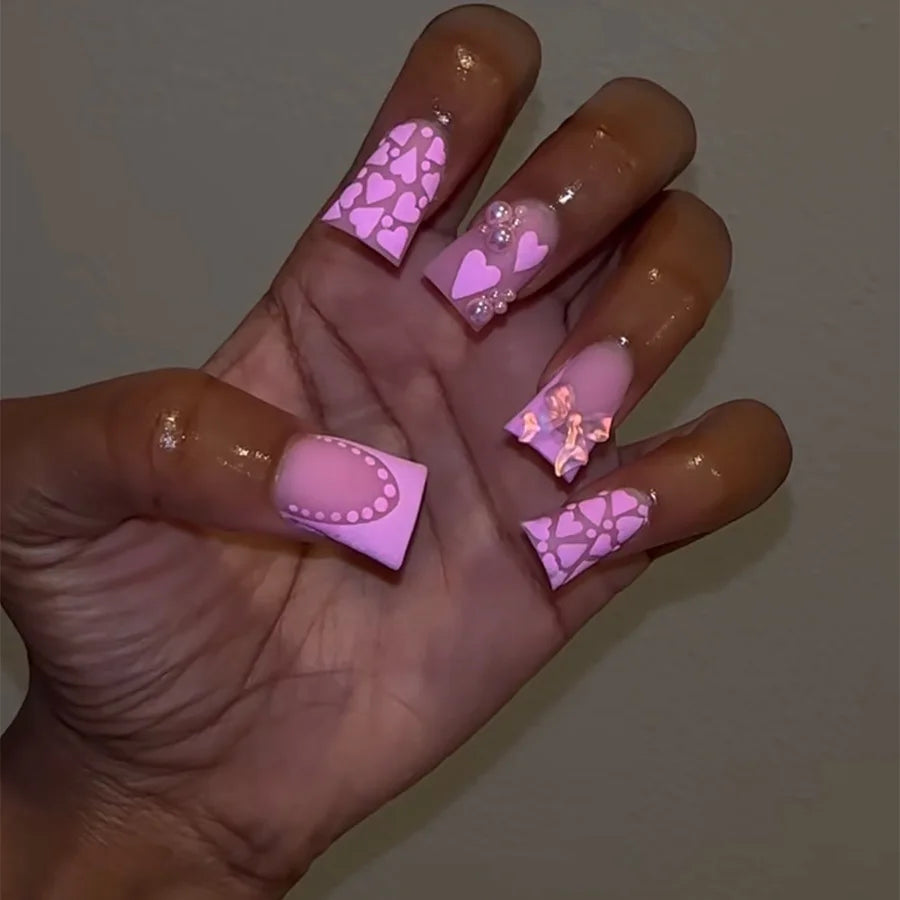24pcs Duckbill Shaped Fake Nails Gold Butterfly Rhinestone Design False Nail Tips Wearable Full Cover French Press on Nails