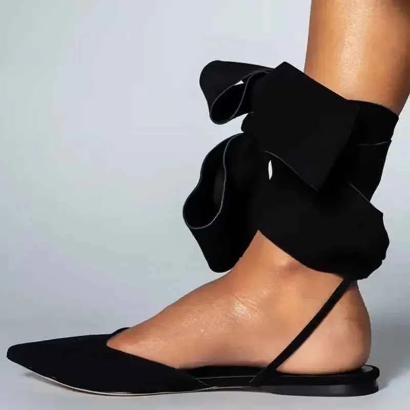Pointed Toe Shallow Mouth Lace Up Shoes Flat Heel Sandals