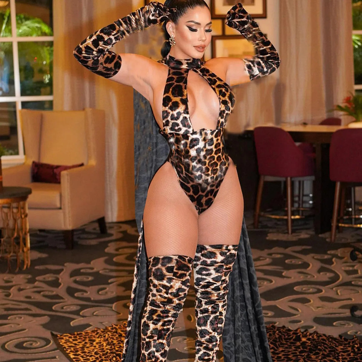 Leopard Print Bodysuit + Gloves + Leggings Backless Deep V Suspenders Sleeveless Bodysuits Thin 3X4C