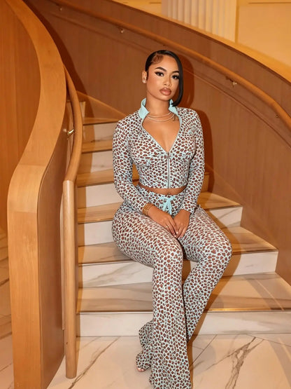 NEW SPICY GIRL LEOPARD PRINT LONG PAJAMA PANT SETS, (TWO PIECE OUTFIT)