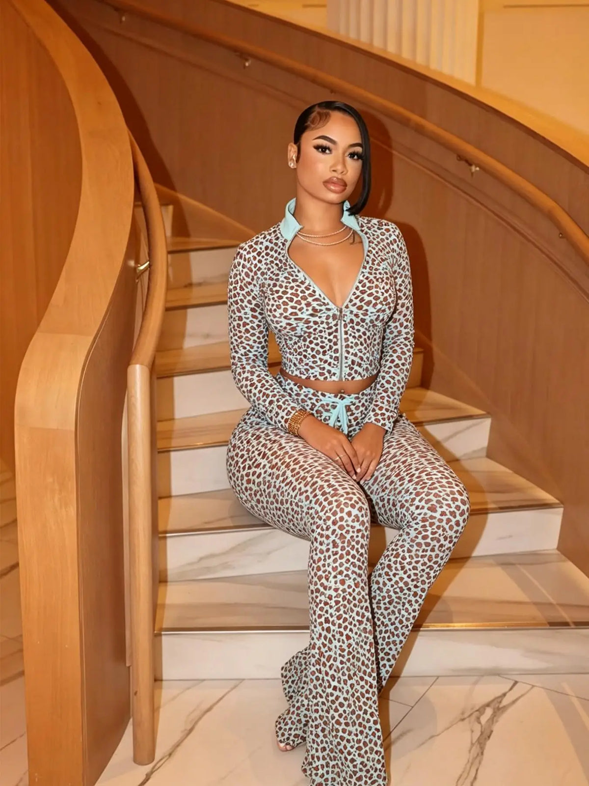 NEW SPICY GIRL LEOPARD PRINT LONG PAJAMA PANT SETS, (TWO PIECE OUTFIT)
