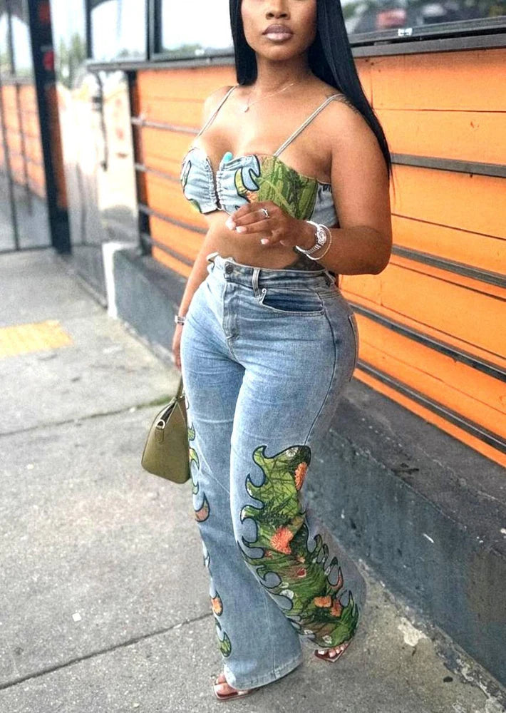 Denim Floral Printed Crop Top + Wide Leg Jeans Pant Sets