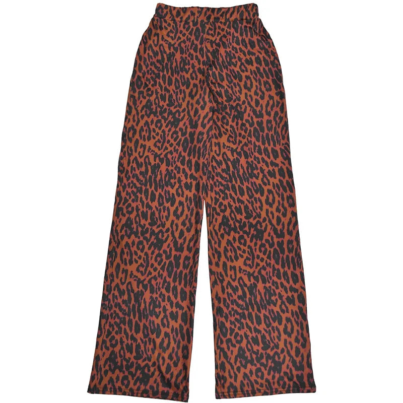 Leopard Backless Button Crop Top and Pants Matching Sets