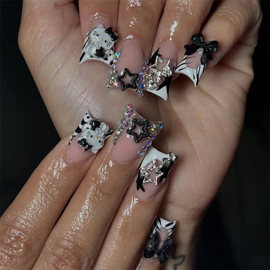 24Pcs Duckbill Nails Press on Y2K French Black Fake Nails Tips with Hellokitty Metal Charms Full Cover Acrylic False Nail