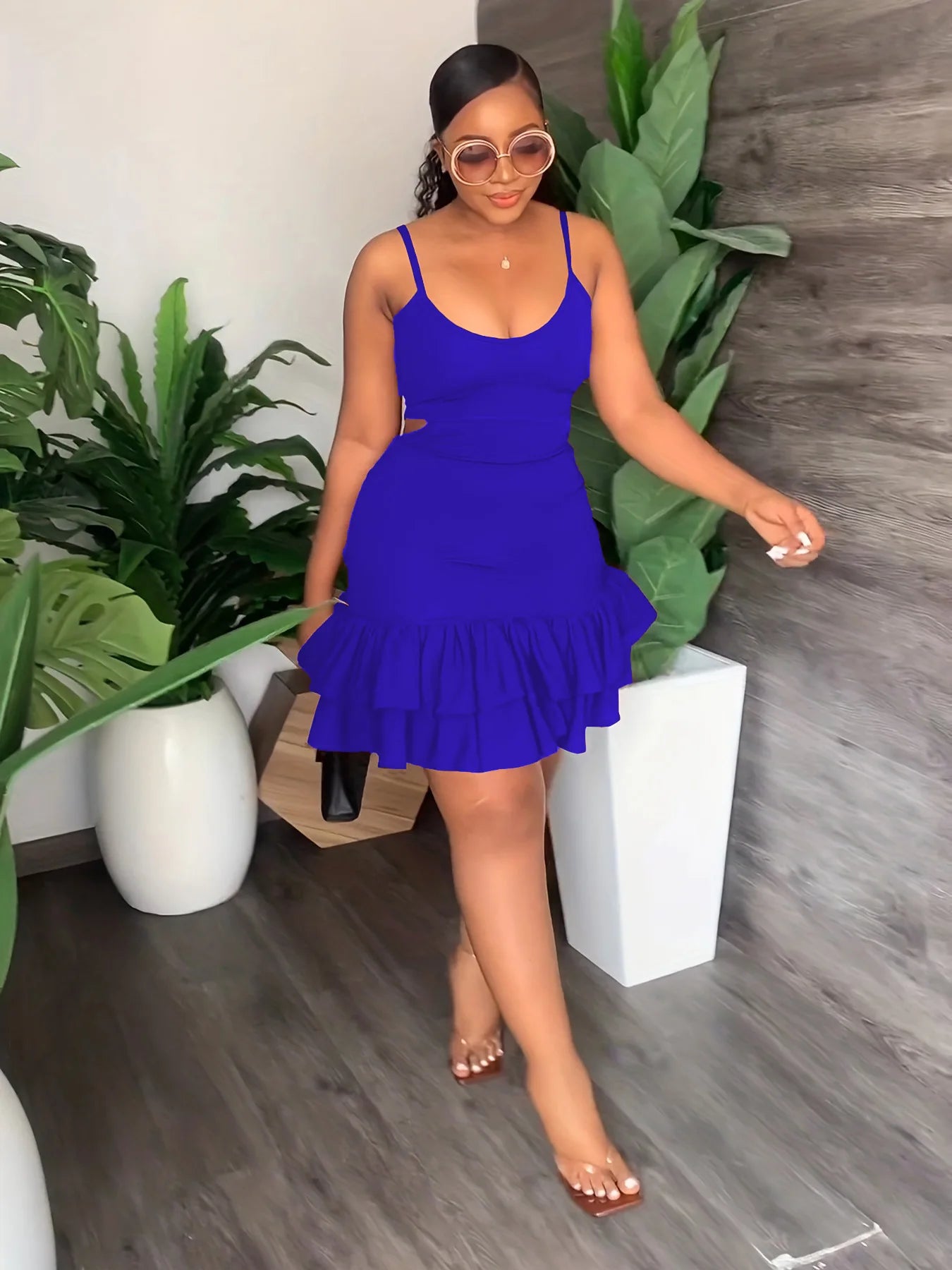 European and American Fashion Sling Low-cut Ruffled Mini Dress