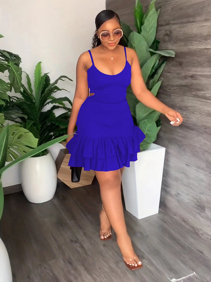 European and American Fashion Sling Low-cut Ruffled Mini Dress