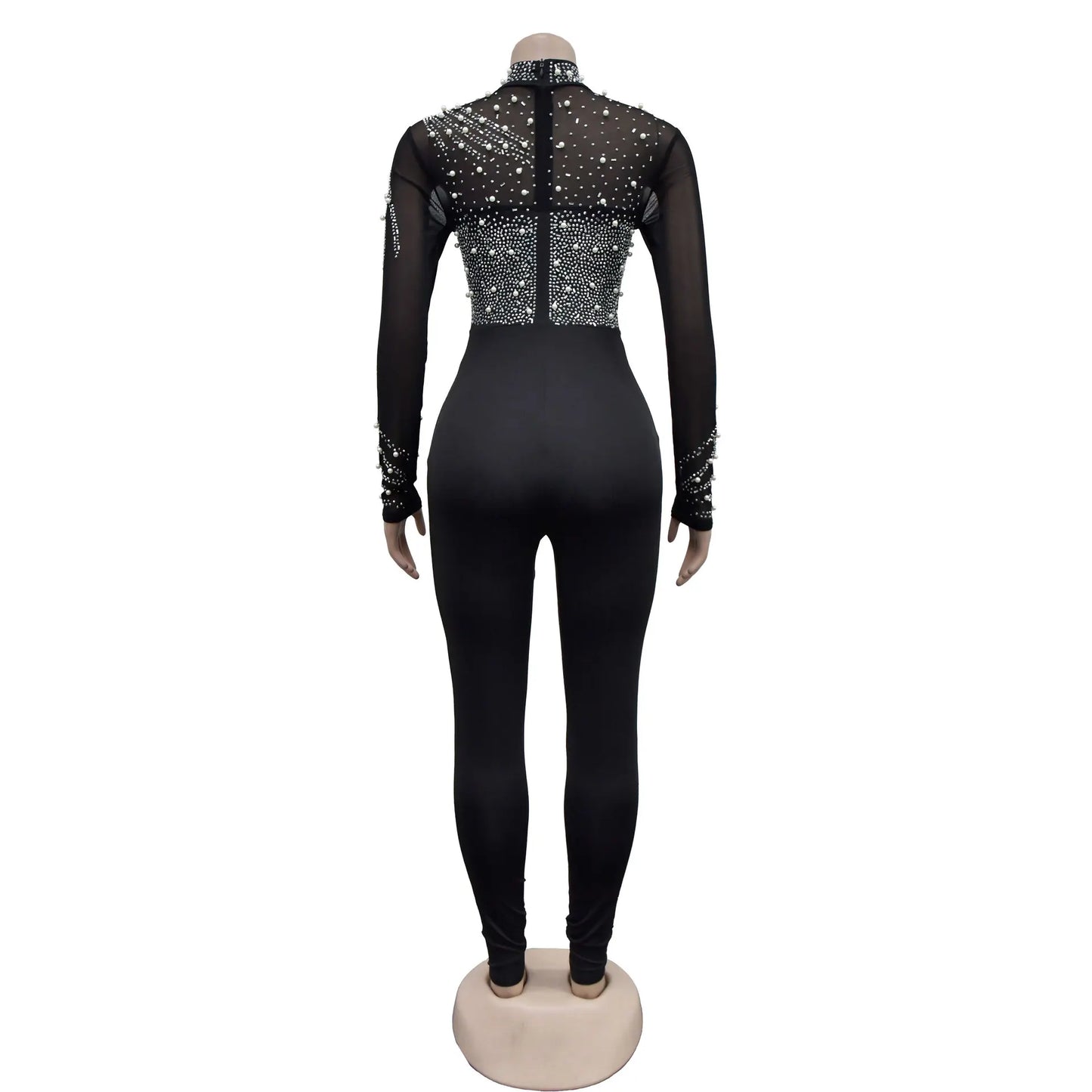 Colivia Long Sleeve Sheer Beads Rhinestone Skinny Jumpsuits