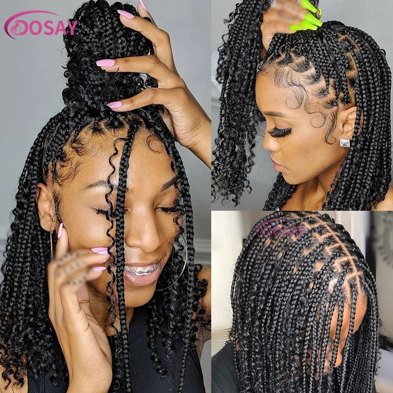 Sue Synthetic Curly Wigs Short Bob 360 Full Lace Braids Wigs 12 Inch Boho Knotless Braided Wigs Goddess Box Wig Pre-Pluck Baby Hair