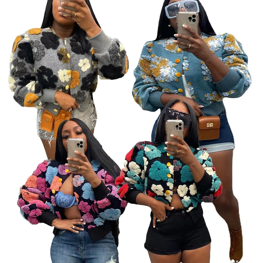 Shelly Retro 3D Flower Bomber Jacket