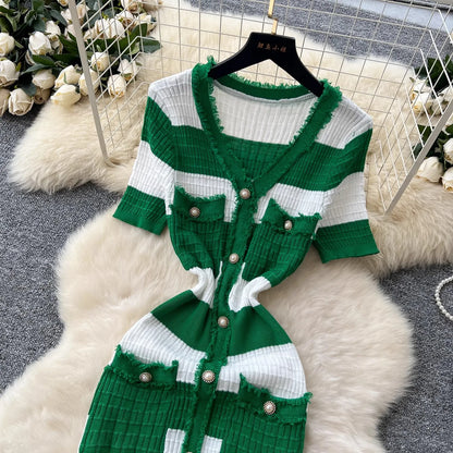 Chic Knitted Slim Waist Office Lady Sweater Maxi Dresses