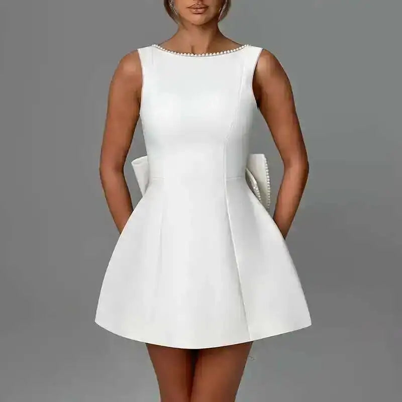 Bow Pearl Backless Elegant Waist Wrap A-line Dresses