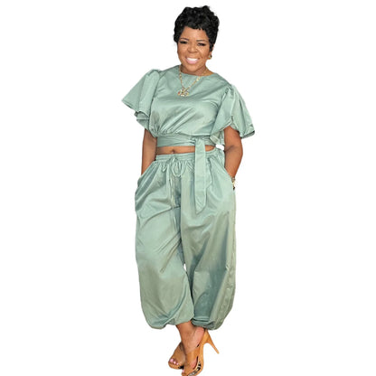 O-neck Belt Short Flare Sleeve Crop Top + Pants Suits (2 pcs.)