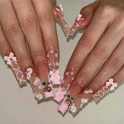 24Pcs Long Ballet False Nails Pink Butterfly with Rhinestones French Design Wearable Fake Nails Glitter Press on Nails Tips Art