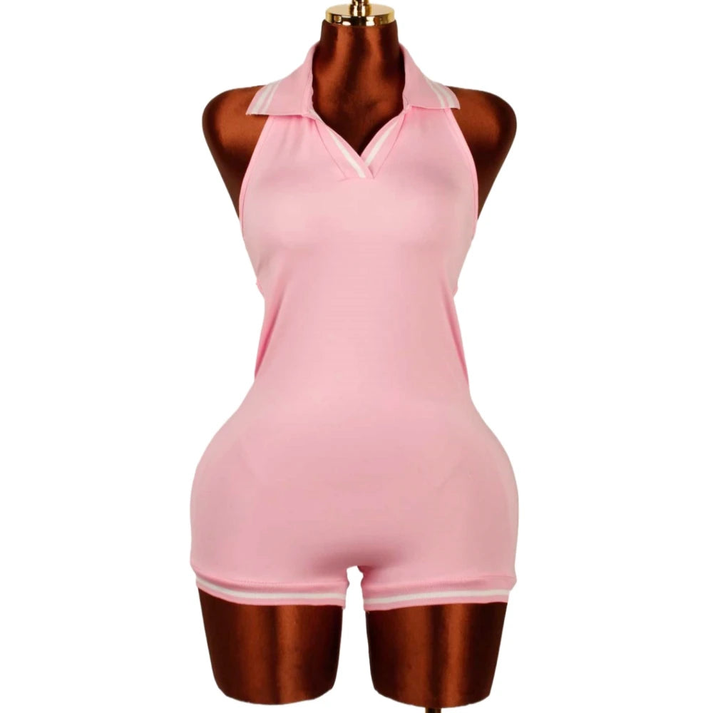 Stripe Halter Lapel Sleeveless Backless Bodycon Jumpsuits