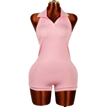 Stripe Halter Lapel Sleeveless Backless Bodycon Jumpsuits