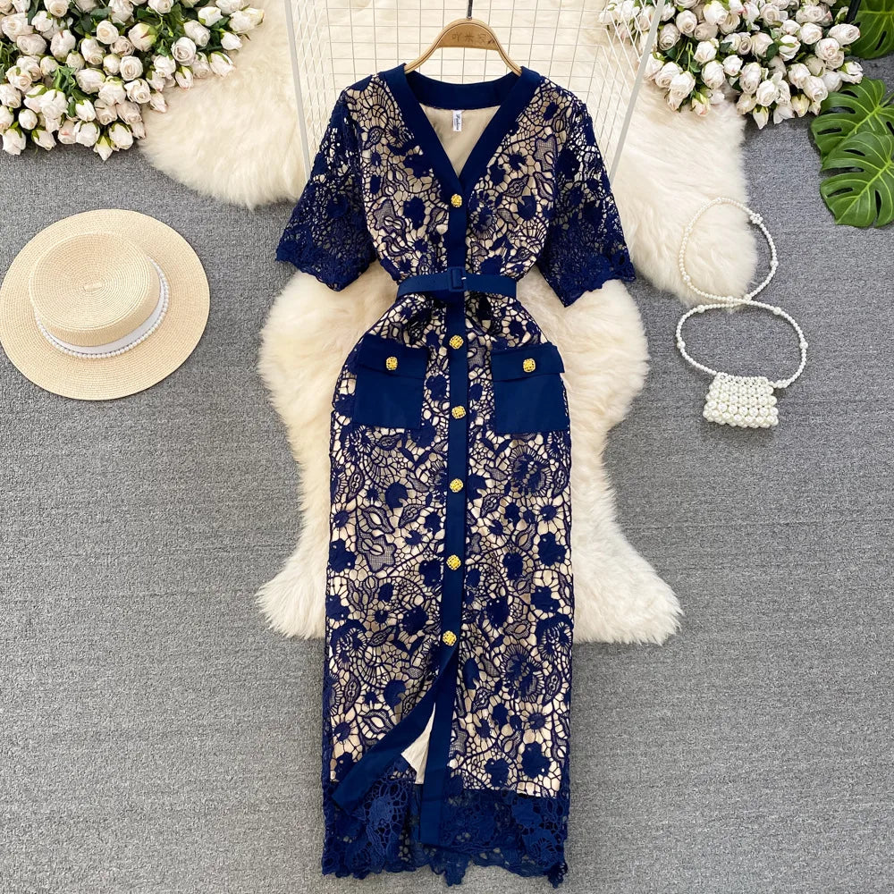 Floral Lace Dress V Neck High Waist Maxi Dresses