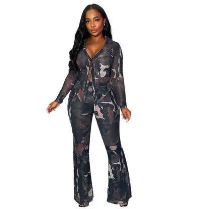 Tie Dye Long Sleeve Lace-up Shirts + Flared Pants Sets