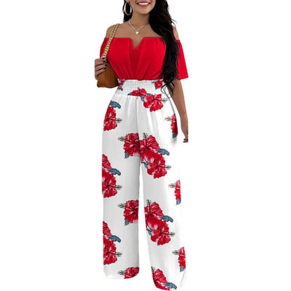 Fashion Off Shoulder Casual Plain Short Sleeve Shirred Waist Daily Long Wide Leg Jumpsuit