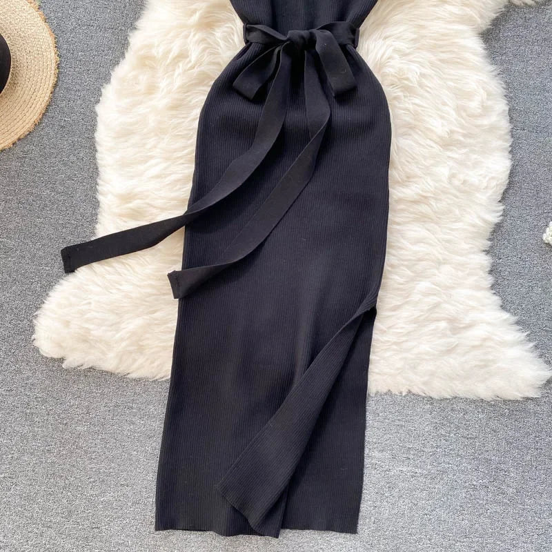 Chic Split Knitted Elastic Bodycon Dresses Streetwear