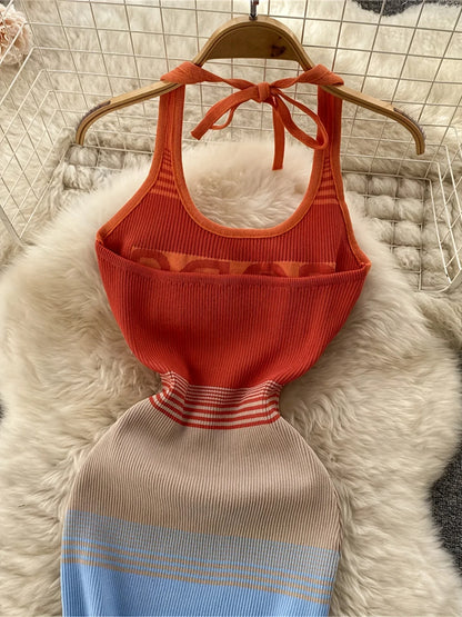 Color Block Bodycon Halter Midi Sundress Outfit