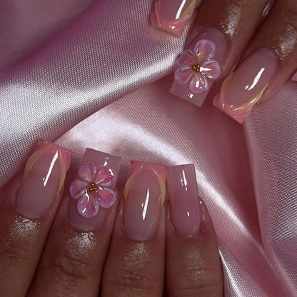 24pcs Mid-length Press on Nails Pink French Full Cover Flower Design Fake Nail Reusable Pearl False Nail with Jelly Glue Nails