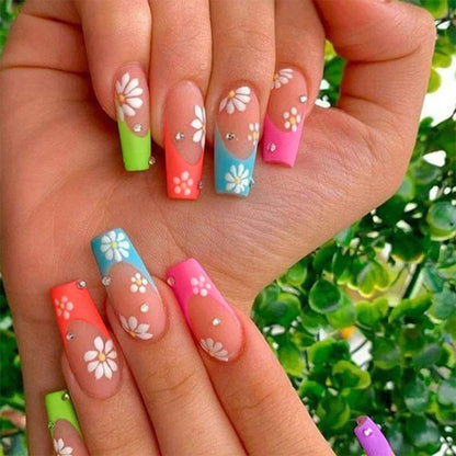 24Pcs Long Ballet False Nails Pink Butterfly with Rhinestones French Design Wearable Fake Nails Glitter Press on Nails Tips Art