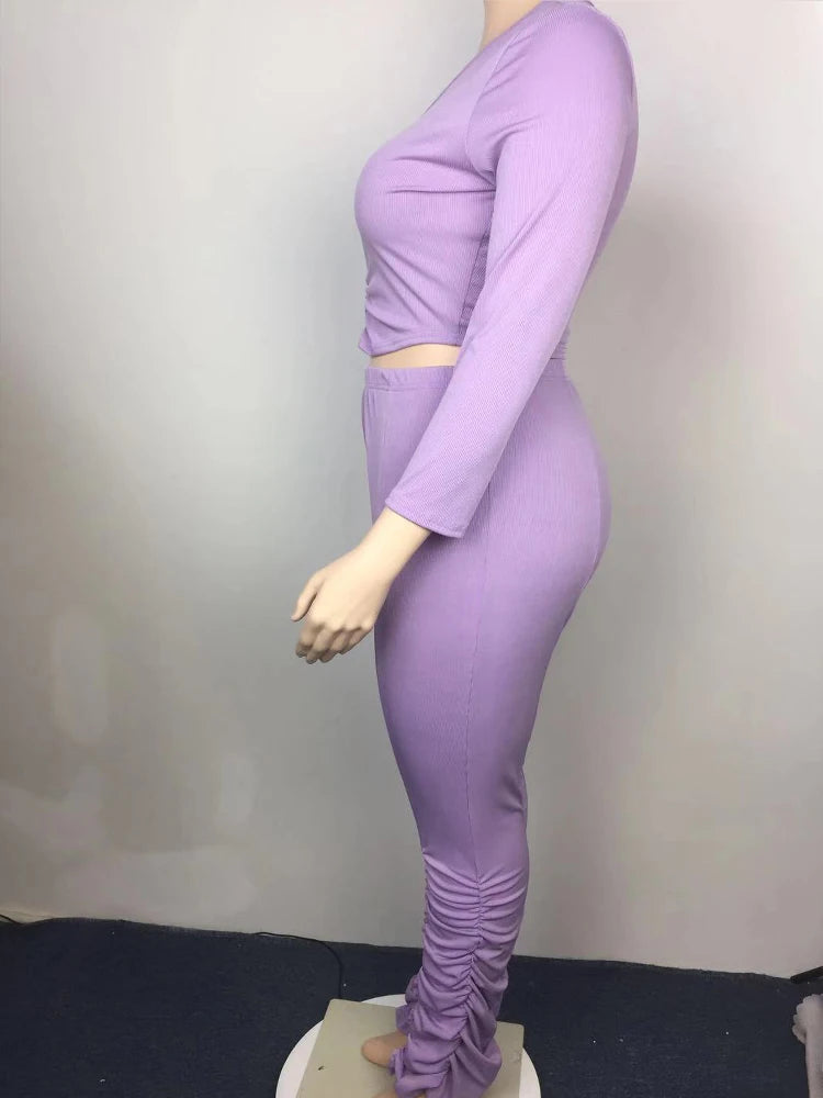 Long Sleeve Top and Pants Set Purple Knit Set (Tight)