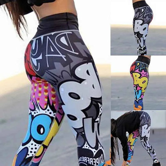 Colorful Graffiti Pop Art Leggings, High Waist Butt Lifting Gym Fitness Pants for Women