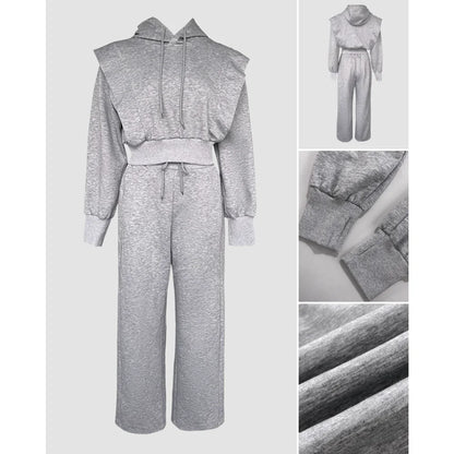 Elegant Tied Detail Hooded Long Sleeve Sweatshirt + Wide Leg Sweatpants Set for Autumn/Winter