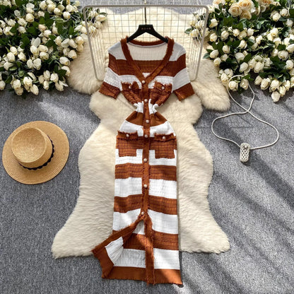 Chic Knitted Slim Waist Office Lady Sweater Maxi Dresses