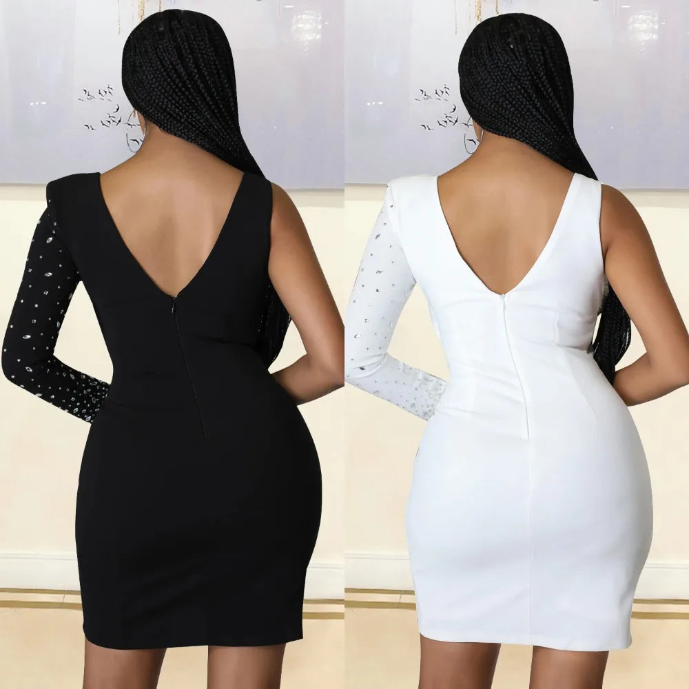 Quita Rhinestone One Shoulder Bodycon V Neck Mini Dresses Luxury Diamond