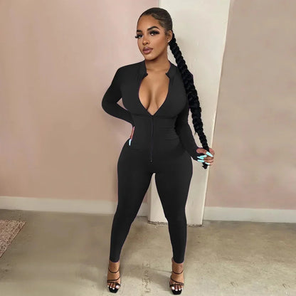 Deep V Bodycon Rompers Womens Jumpsuit Sport Suit Fashion Zip Up Long Pants Overalls Fitness Set