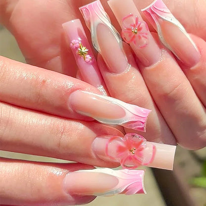 24pcs Long Ballet Fake Nail Tips Wearable Gradient Pink French Press On Nails With 3D Carving Flower Designs Sweet False Nails