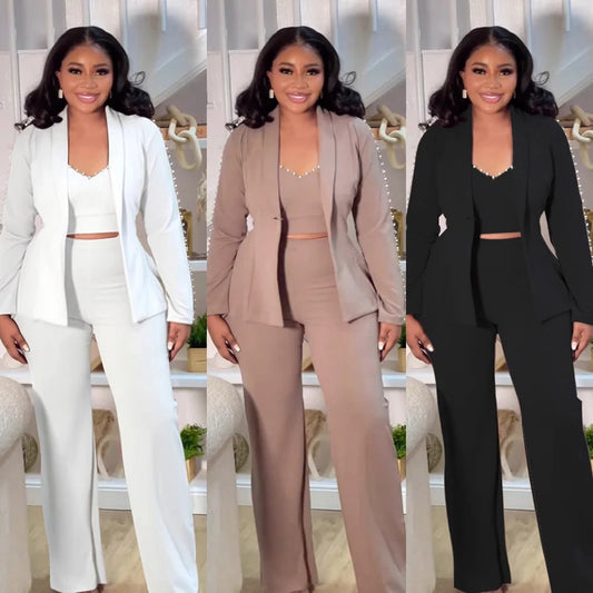 Elegant Long Sleeve Blazer Office Wear Ladies 3 Piece Pant Suit