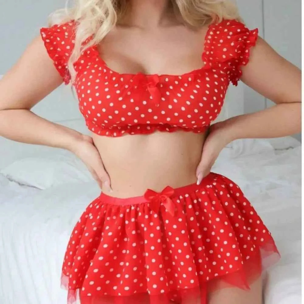 Erotic Short Skirt with Garter Straps Polka Dot + Off Shoulder Puffy Polka Bra Set