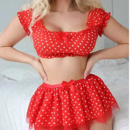 Erotic Short Skirt with Garter Straps Polka Dot + Off Shoulder Puffy Polka Bra Set