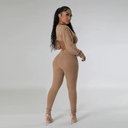 Slim Fit Jumpsuit+ Cropped Jacket (Two Piece Sets)