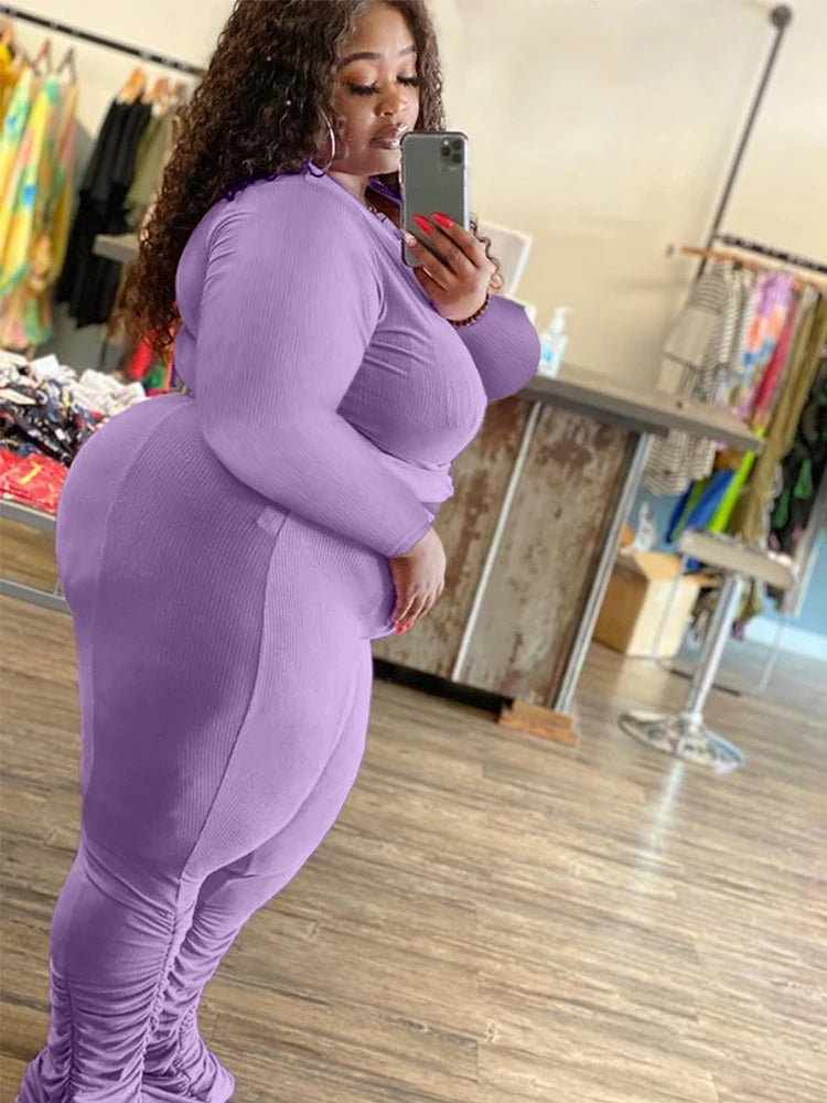 Long Sleeve Top and Pants Set Purple Knit Set (Tight)