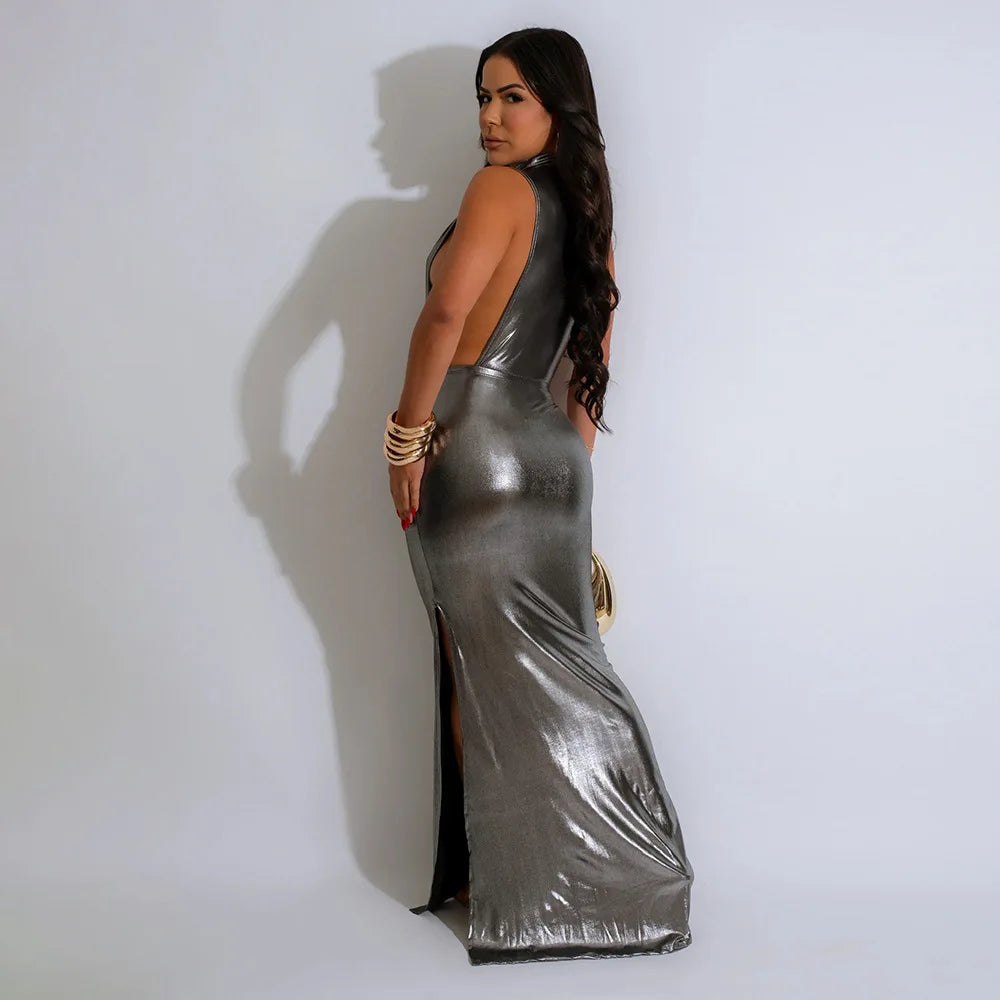 Sania Shiny Metallic Women's Ruched Cocktail Evening Maxi Long Dresses