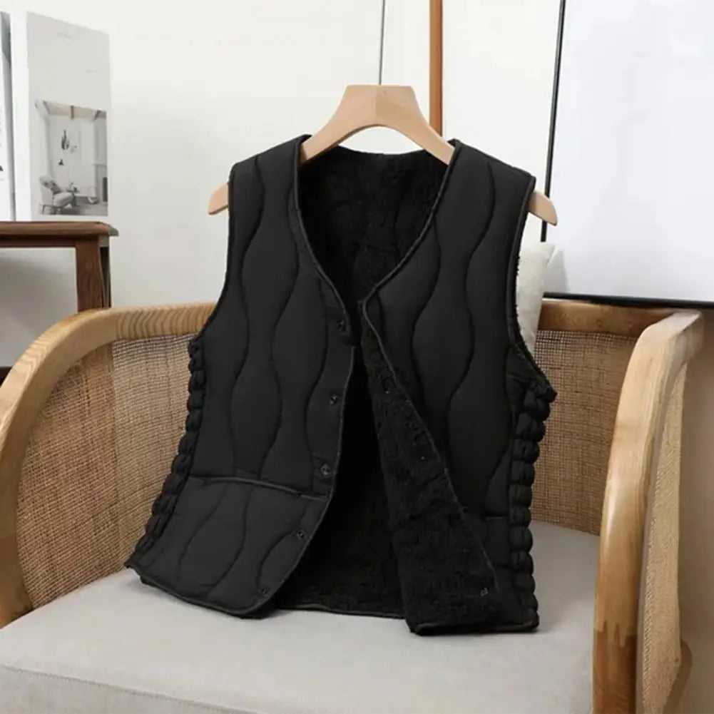 Button Closure Round Neck Sleeveless Solid Color Windproof Heat Retention Outdoor Coat Cotton Vest