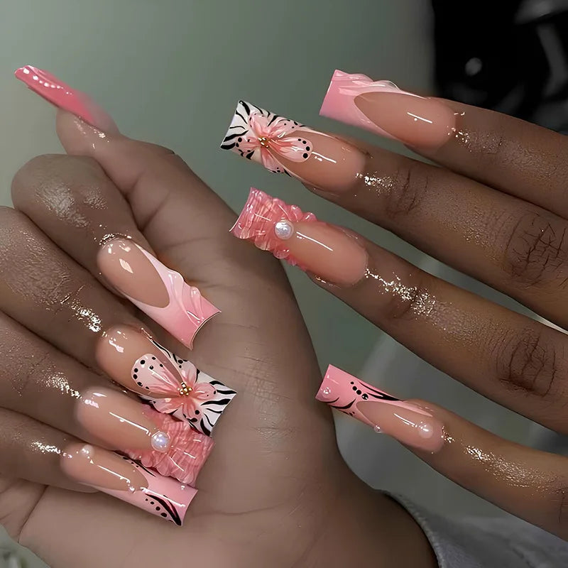 24Pcs Long Ballet False Nails Pink Butterfly with Rhinestones French Design Wearable Fake Nails Glitter Press on Nails Tips Art