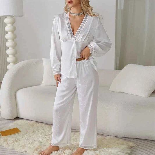 Satin Trousers + V-Neck Comfortable Jacquard Pajama Sets